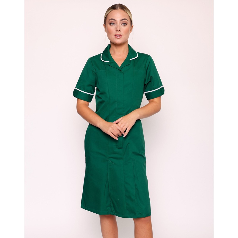 Halton Classic Collar Healthcare Dress – Bottle Green / White