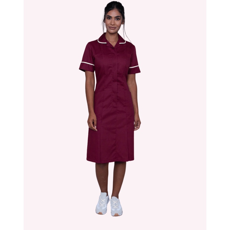 Halton Classic Collar Healthcare Dress – Burgundy / White