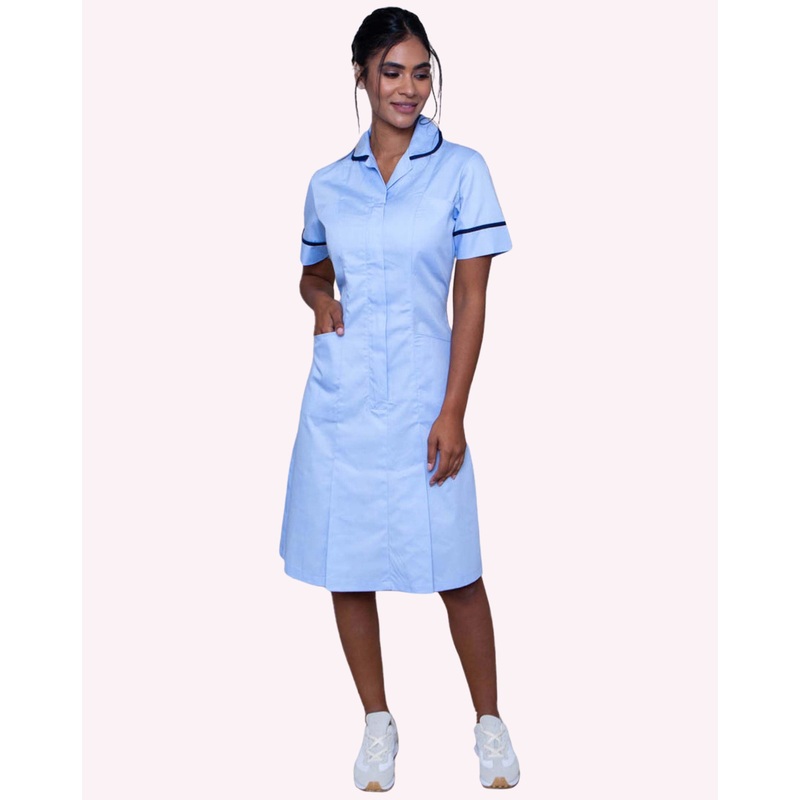 Halton Classic Collar Healthcare Dress – Pale Blue / Navy