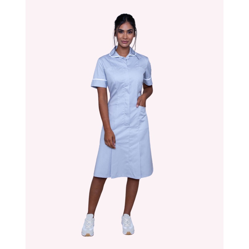 Halton Classic Collar Healthcare Dress – Pale Blue / White
