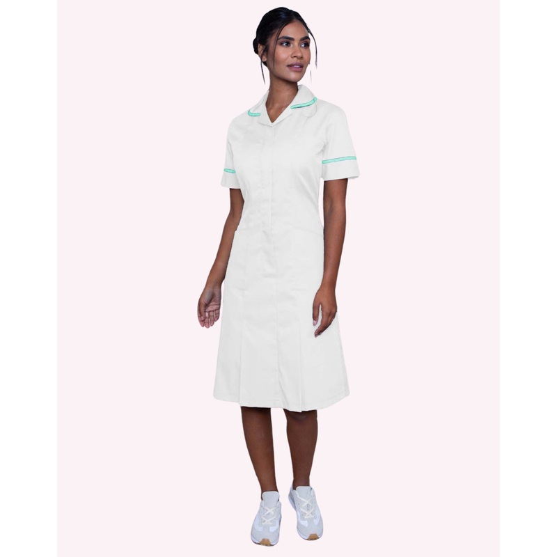 Halton Classic Collar Healthcare Dress – White / Aqua