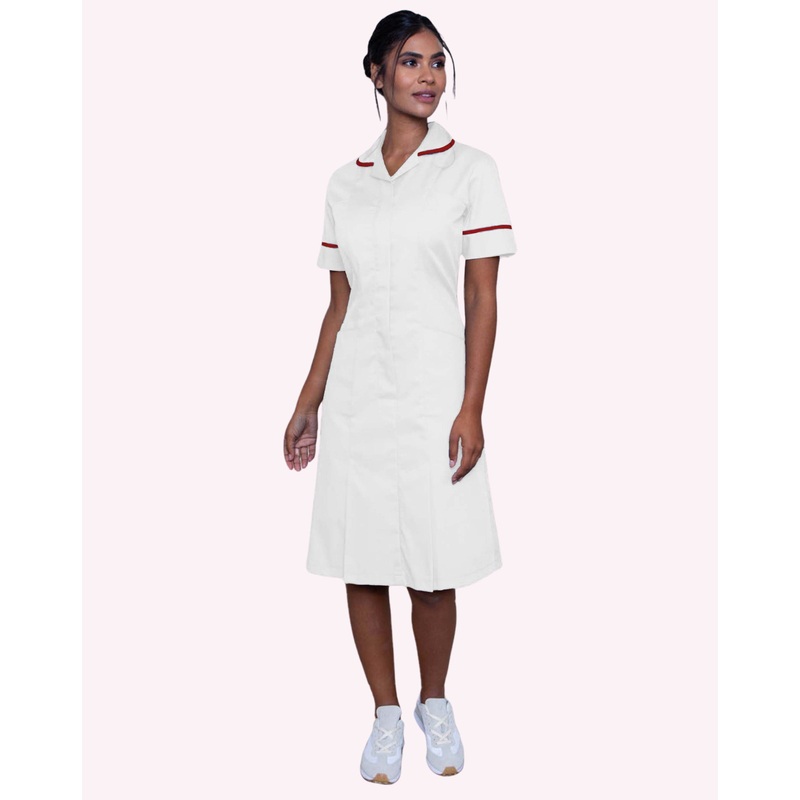 Halton Classic Collar Healthcare Dress – White / Burgundy