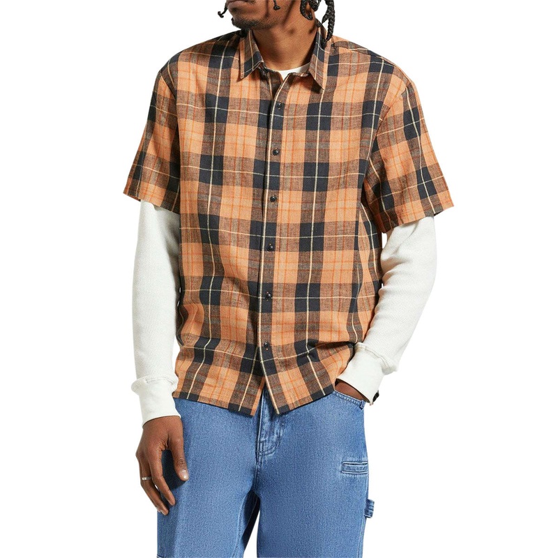 Brixton Cru Linen Blend Woven Shirt – Black/Rust Orange