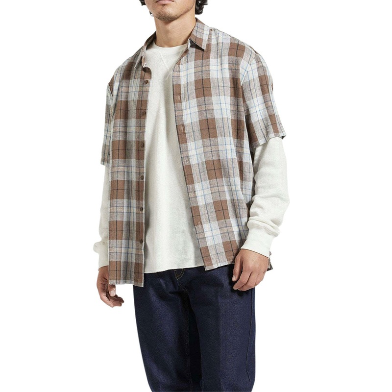 Brixton Cru Linen Blend Woven Shirt – Pinecone Brown/Coronet Blue