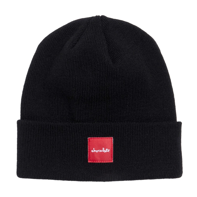 Chocolate Square Label Tight Cuff Beanie – Black