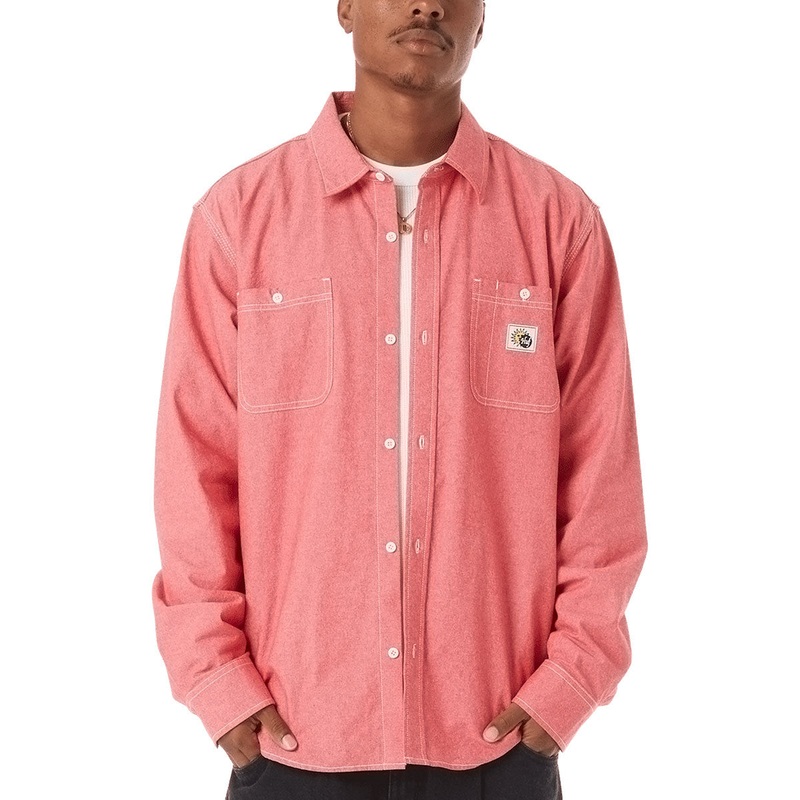 HUF Total Eclipse Chambray Long Sleeve Shirt – Red