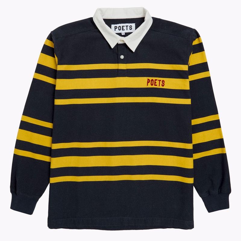 Poets Embroidered Logo Rugby Shirt – Navy/Yellow/Burgundy
