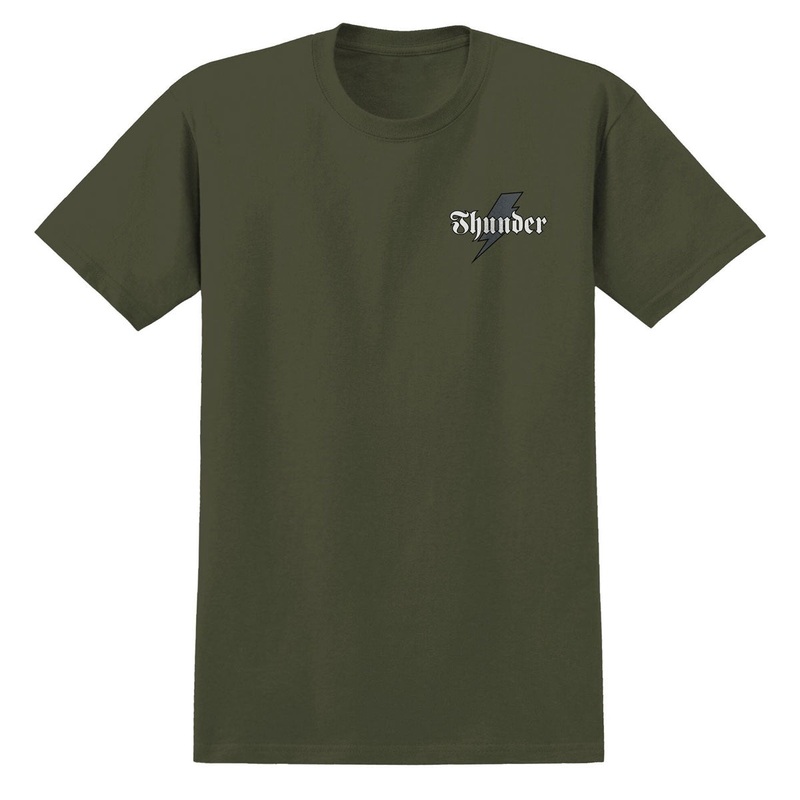 Thunder Bolt Script T-Shirt – Military Green/Grey/White/Black Prints