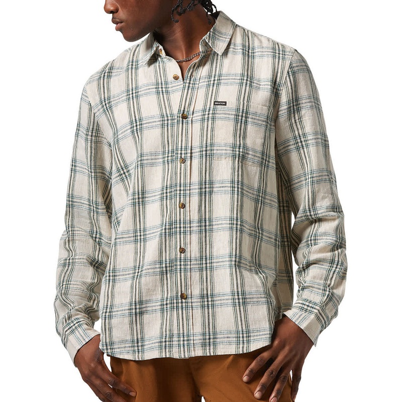 Brixton Charter Linen Blend Long Sleeve Shirt – Off White/Ivy Green Plaid