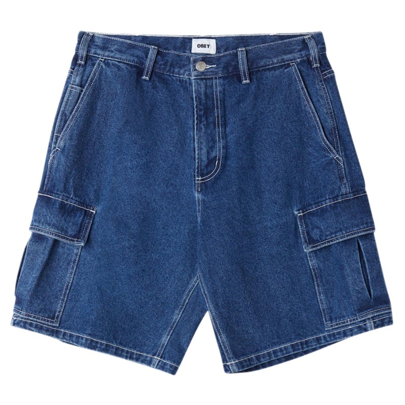 Obey Bigwig Baggy Denim Cargo Shorts – Stone Wash Indigo