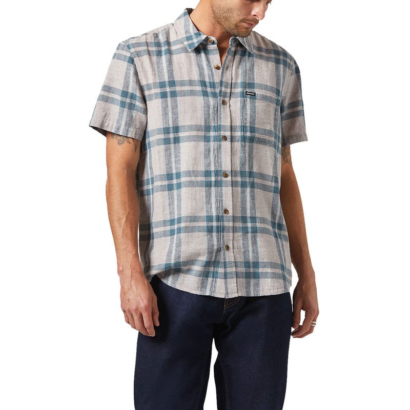 Brixton Charter Linen Blend Shirt – Beige/Azure Blue Plaid