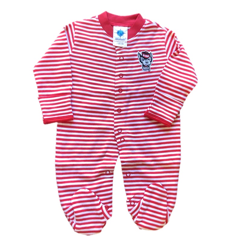 NC State Wolfpack Infant Red and White Striped Wolfhead Footed Romper