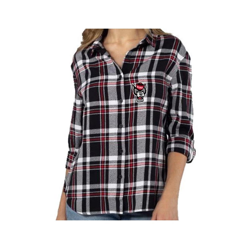 NC State Wolfpack Women’s Black and Red Boyfriend Plaid Button Down Shirt
