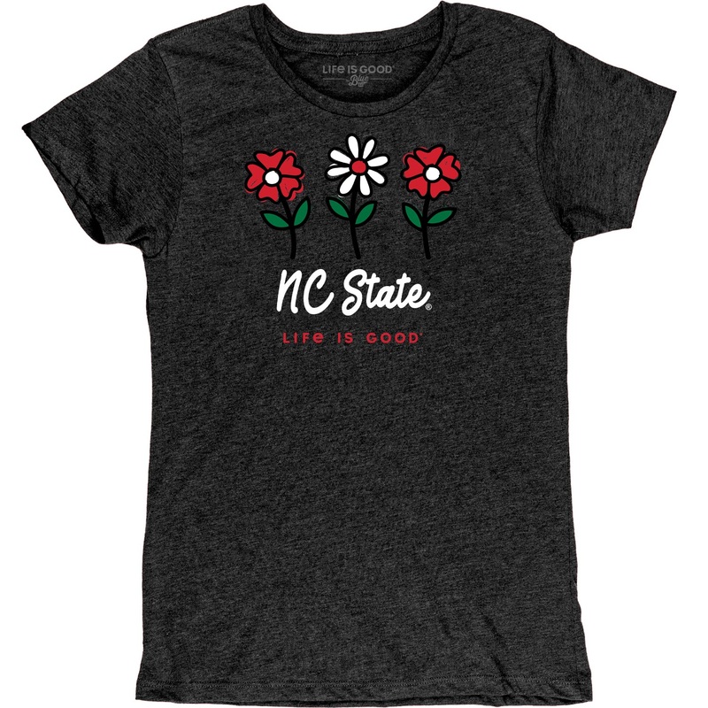 NC State Wolfpack Women’s Heather Black Life is Good Flowers Script T-Shirt
