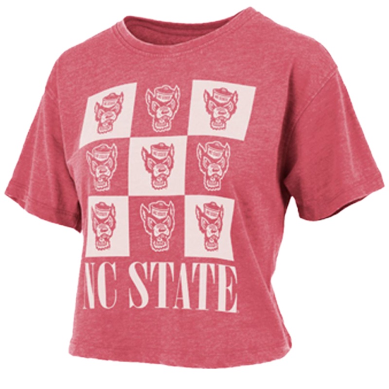 NC State Wolfpack Women’s Heathered Red Checkered Wolfhead Crop Top