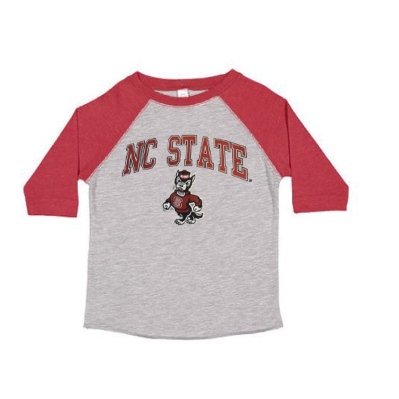 NC State Wolfpack Youth Grey and Red Raglan Strutting Wolf 3/4 Sleeve T-shirt