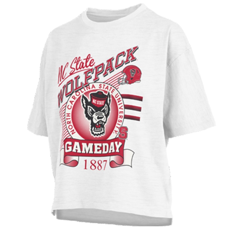 NC State Wolfpack Women’s White Calgary Wolfhead Oversized Crop Top