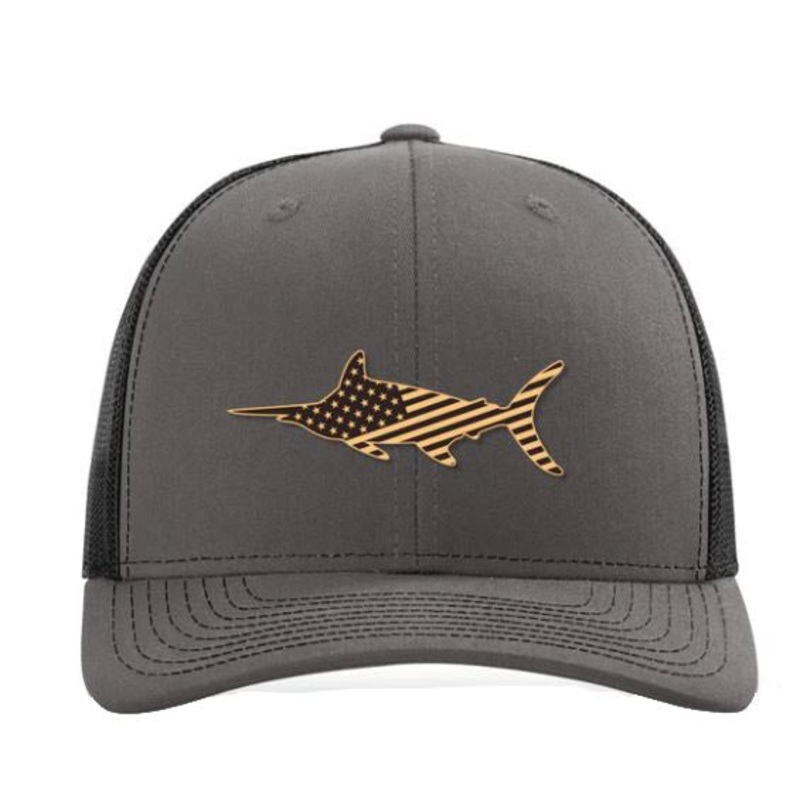 Charcoal Grey and Black Marlin USA Flag Adjustable Mesh Hat