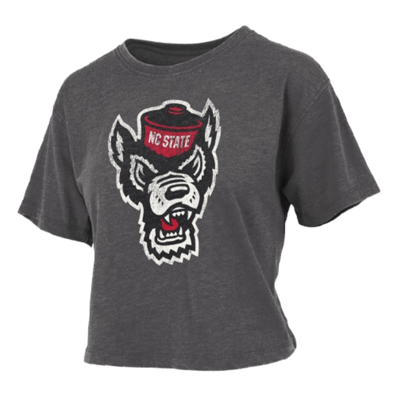 NC State Wolfpack Women’s Heather Black Distressed Wolfhead Vintage Crop Top