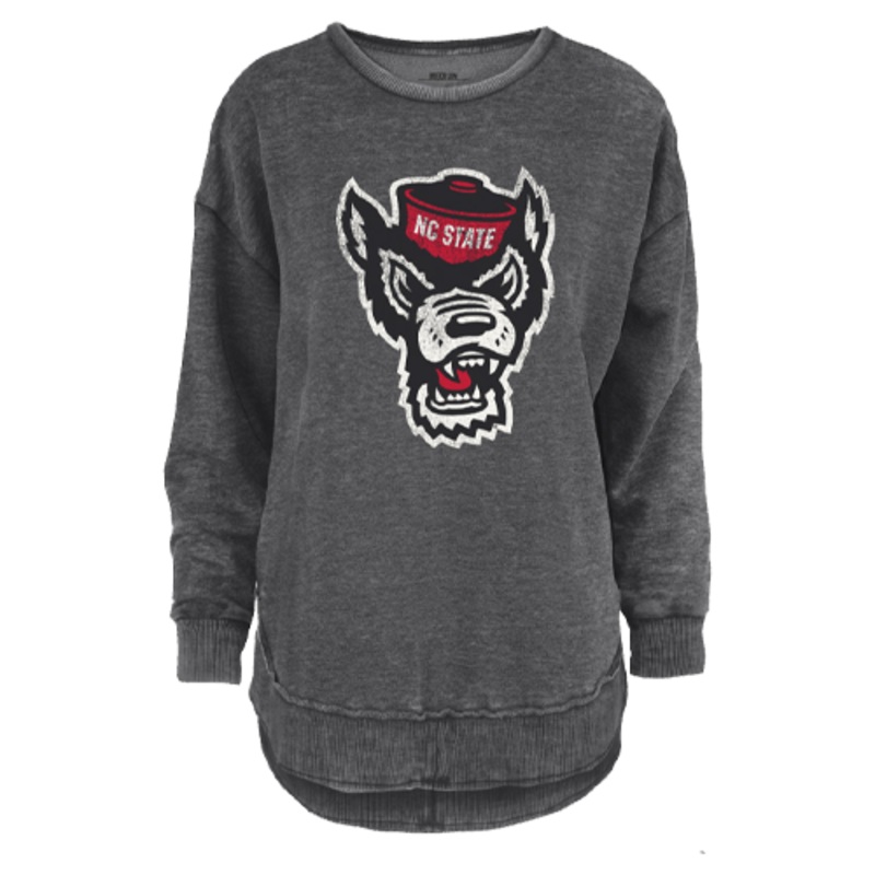 NC State Wolfpack Women’s Heathered Black Wolfhead Rounded Bottom Fleece Crewneck