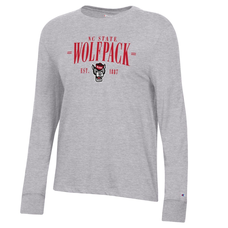 NC State Wolfpack Champion Women’s Grey Wolfhead Est. 1887 Long Sleeve T-Shirt