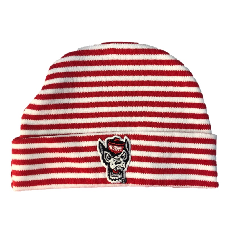 NC State Wolfpack Creative Knitwear Red and White Striped Wolfhead Newborn Knit Hat