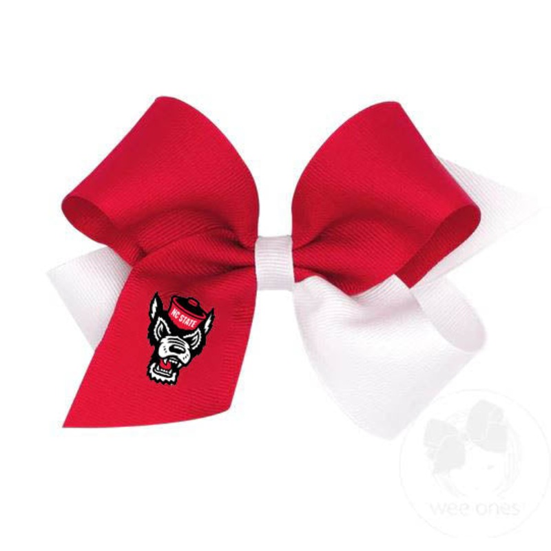NC State Wolfpack Medium White and Red Wolfhead Embroidered Hair Bow