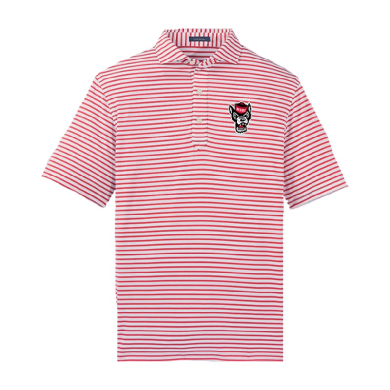NC State Wolfpack Turtleson Red and White Gus Stripe Wolfhead Performance Polo