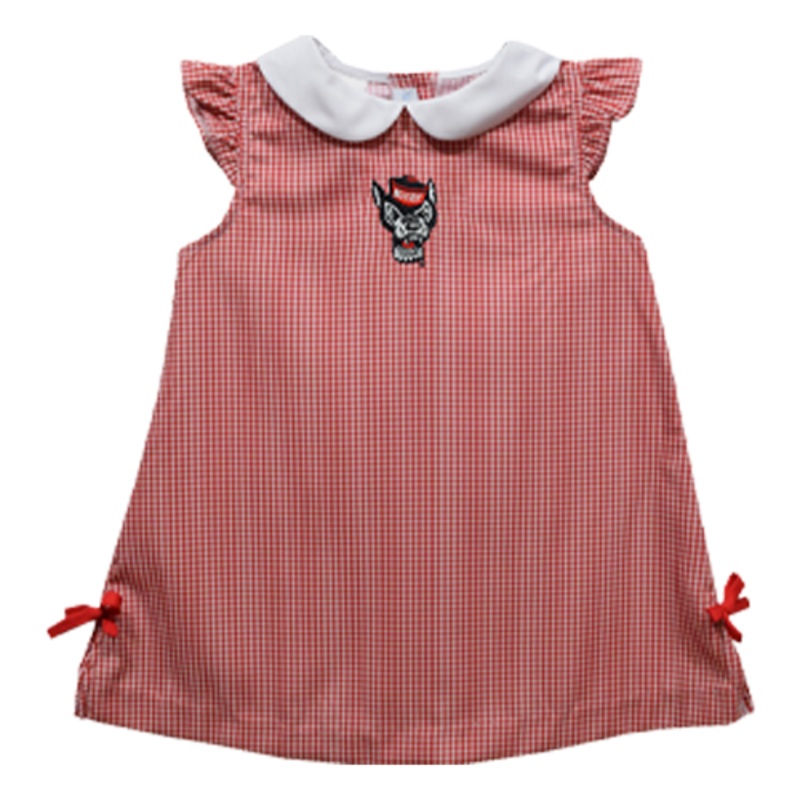 NC State Wolfpack Vive La Fete Gingham Infant Girls Embroidered Wolfhead A-Line Ella Dress