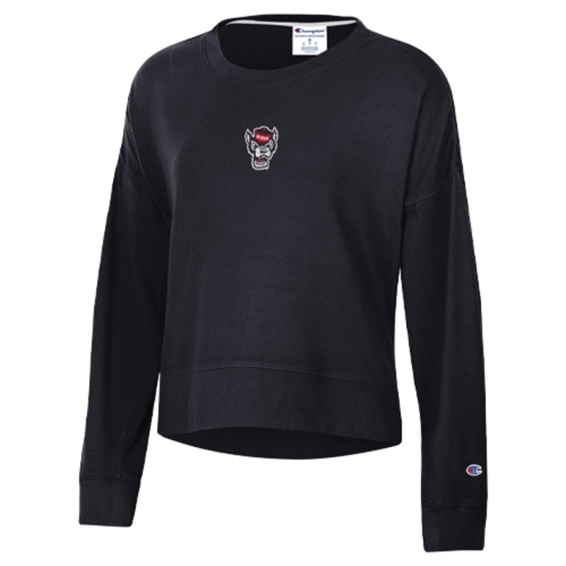 NC State Wolfpack Women’s Champion Black Wolfhead Soft Sueded Waist Length Crew