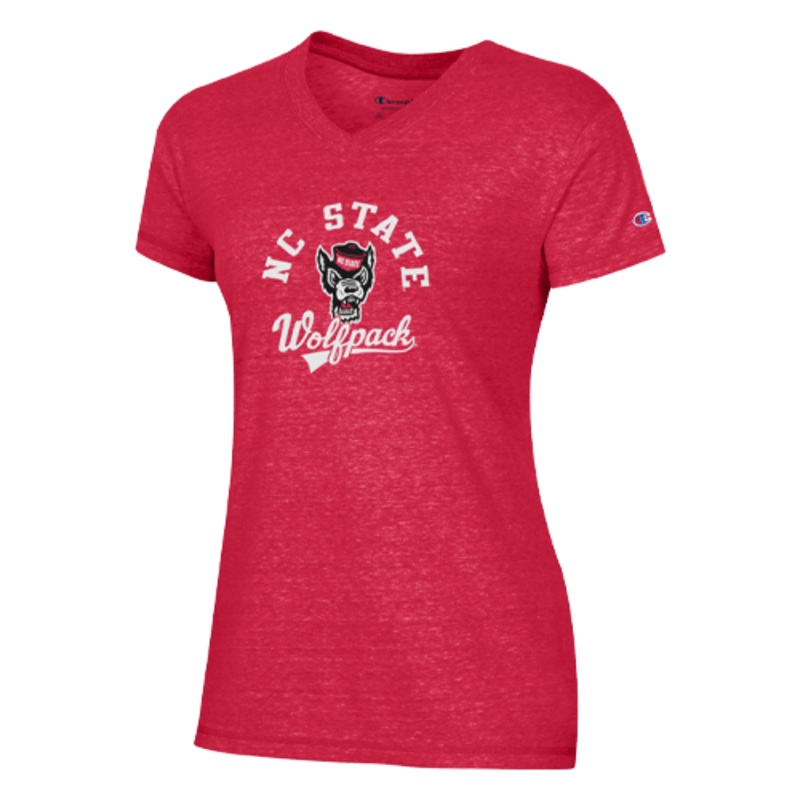 NC State Wolfpack Women’s Champion Red V-neck Arch Wolfhead T-shirt