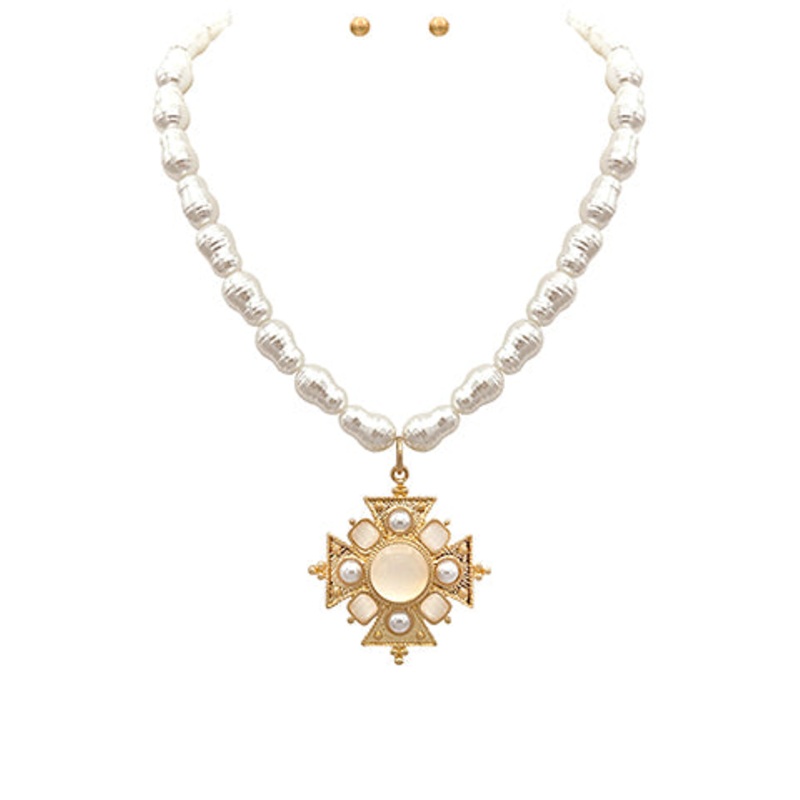 Maltese Cross & Pearl Bead Necklace-White
