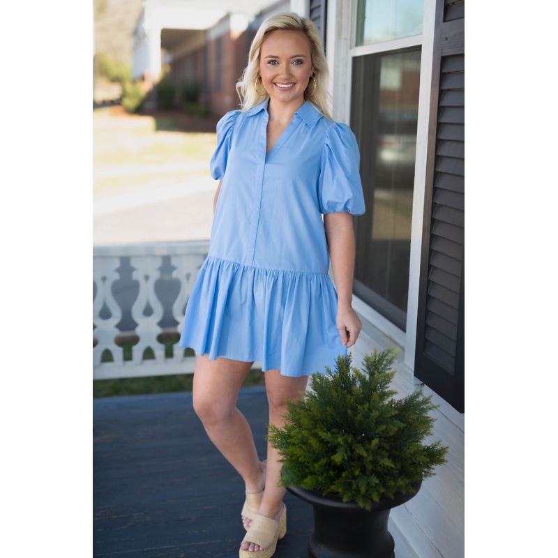 Collared Tiered Mini Dress – Blue