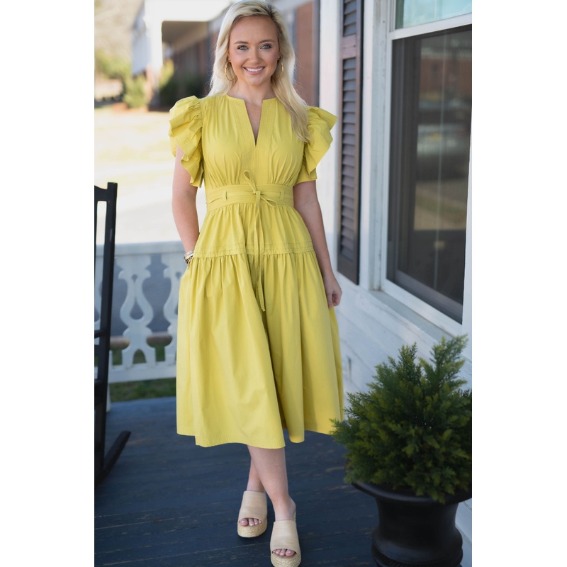 Flutter Sleeve Poplin Midi Dress