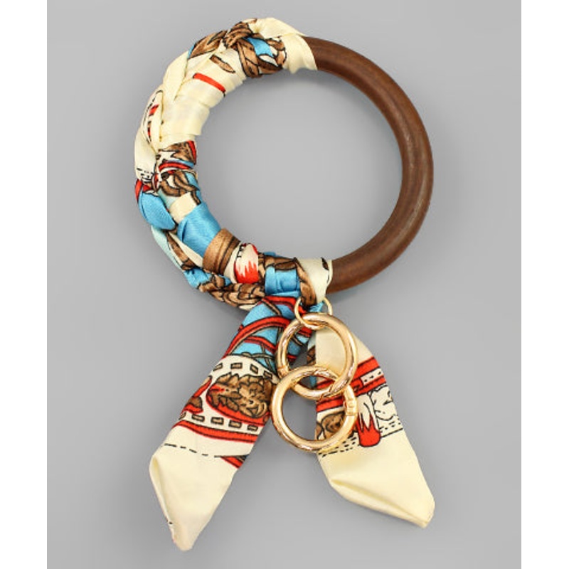 Scarf Wrapped Wood Key Ring- Blue