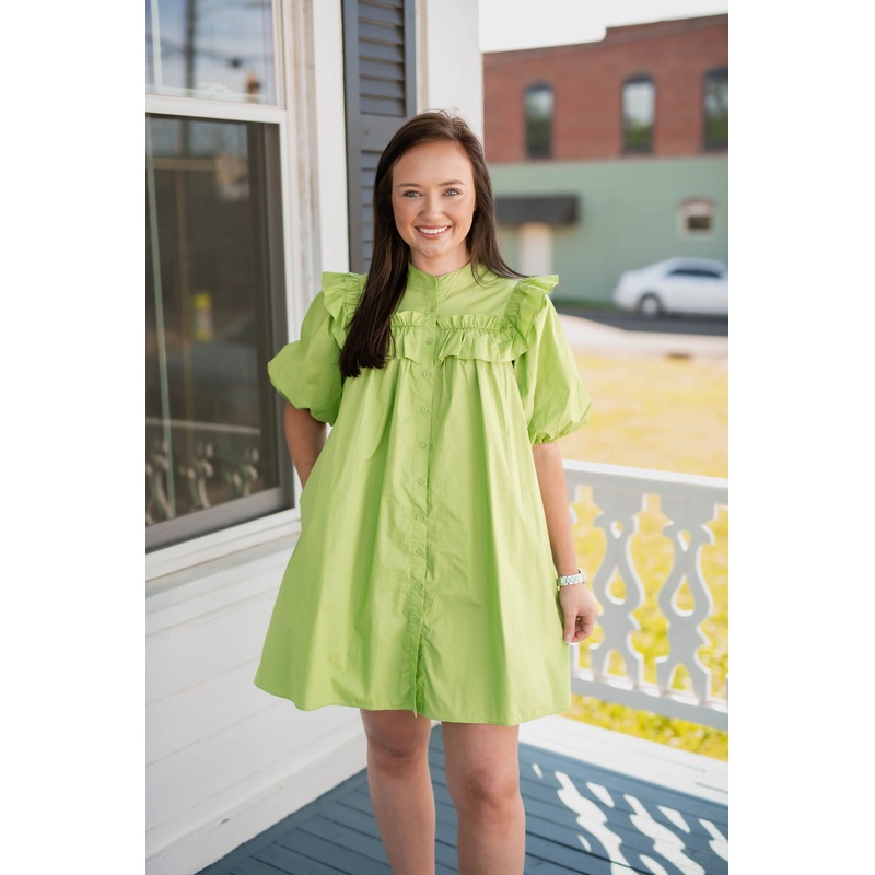 The Reed Puff Sleeve Dress in Lime