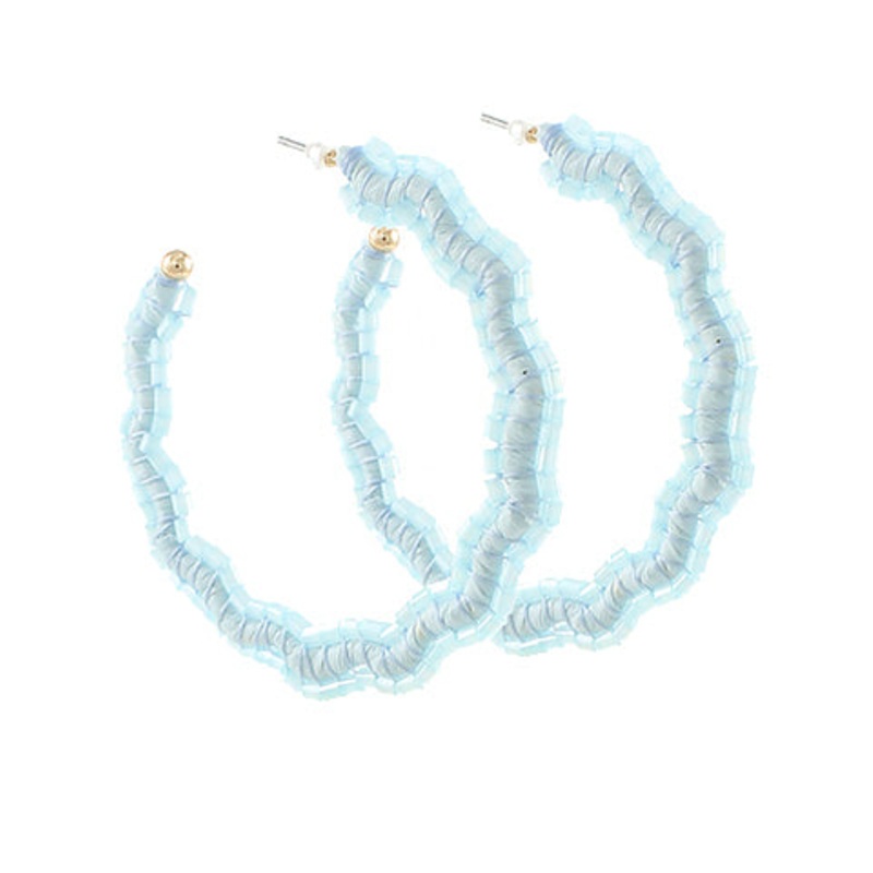 Wavy Bead & Raffia Hoops- Sky Blue