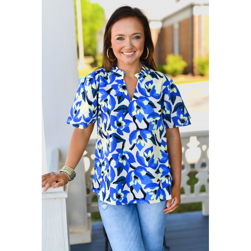 Chase Flounce Sleeve Top Blue Floral