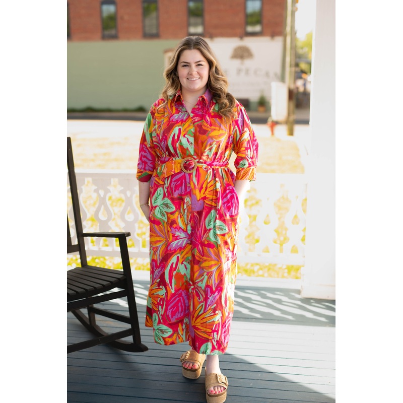 Karlie Abstract Tropical Palm Shirt Dress