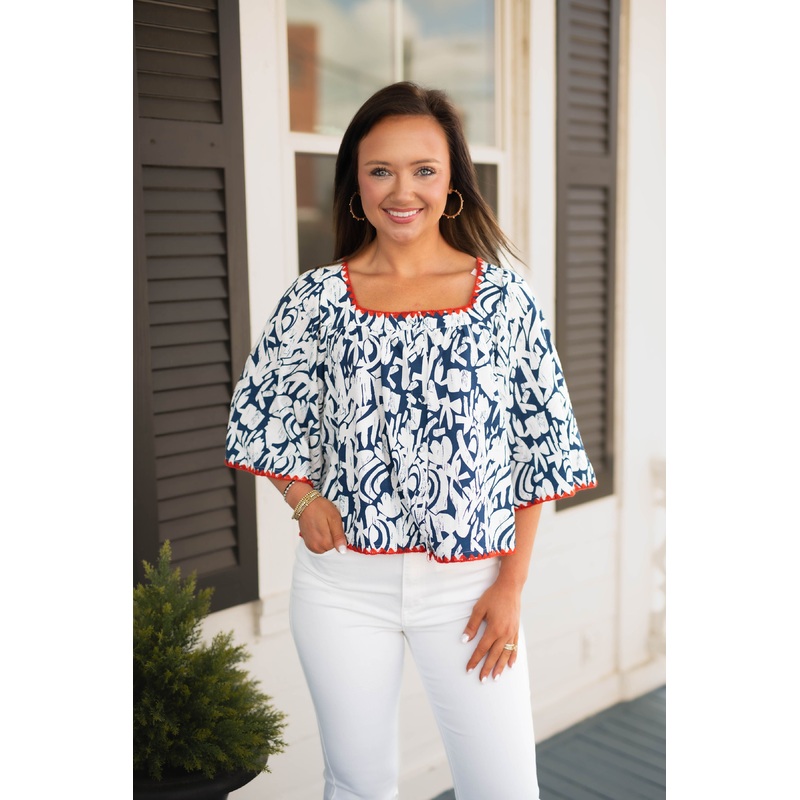 Navy Embroidered Abstract Top