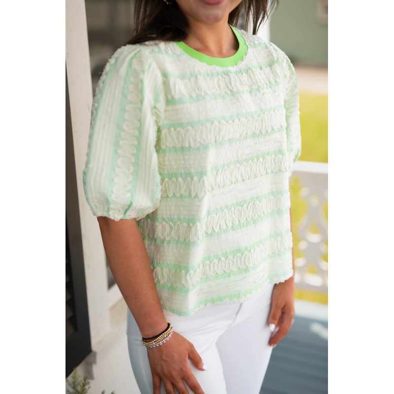 Raw Edged Contrast Textured Top- Green