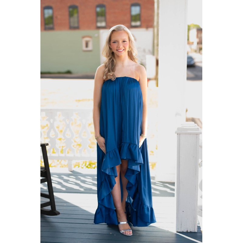 Strapless Shirred High Low Satin Dress