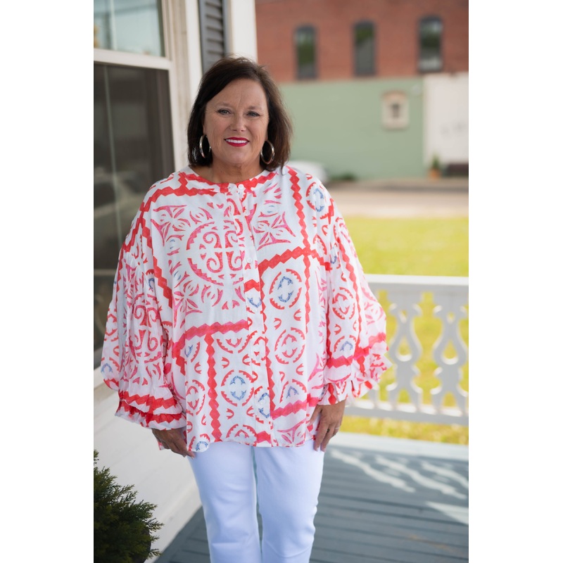 The Aztec Print Top in Coral-Curvy