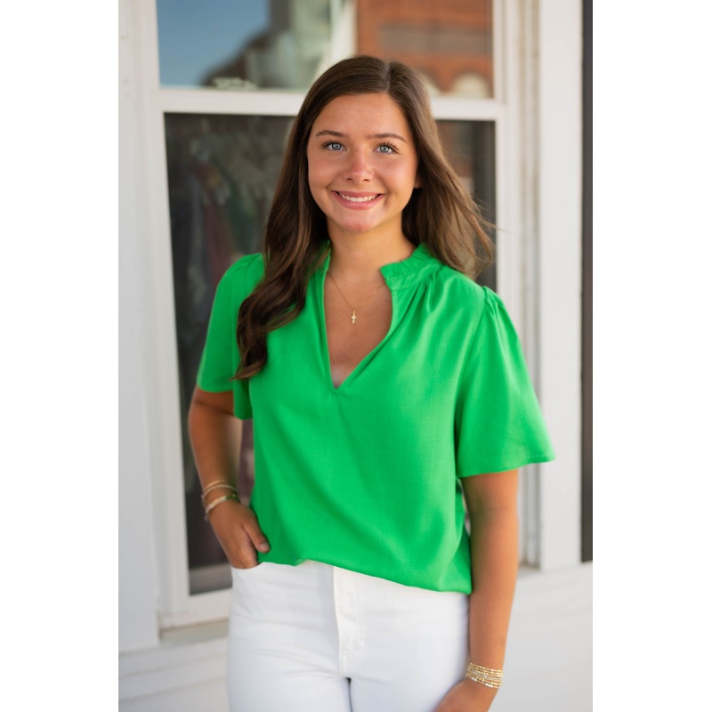 Inaya Linen Split Neck Top in Kelly Green