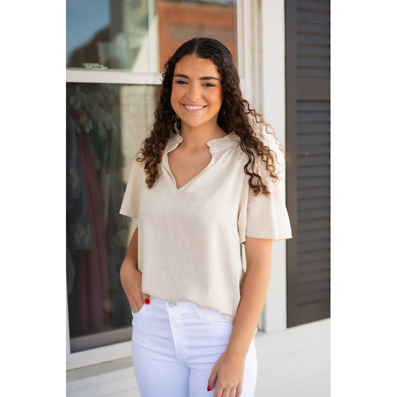 Inaya Linen Split Neck Top in Natural