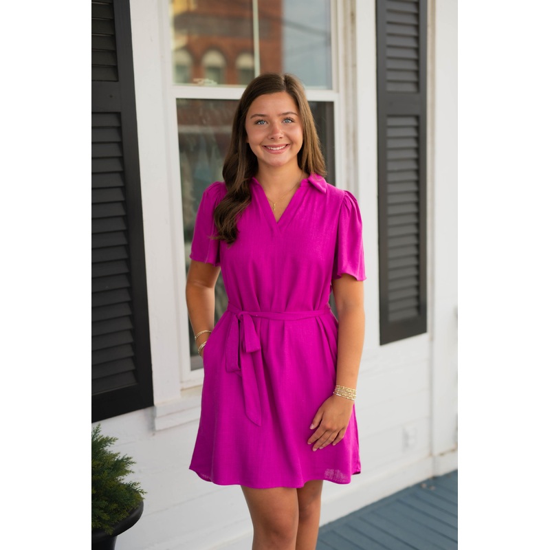 Nitza Linen Collared Dress in Magenta