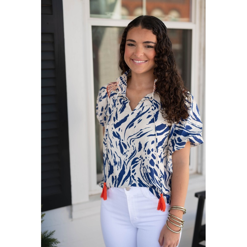 Smocked Neck and Shoulder Detail Printed Top
