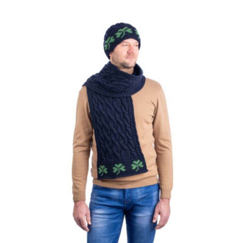 Irish Aran Knit Cable Pattern Scarf with Shamrocks