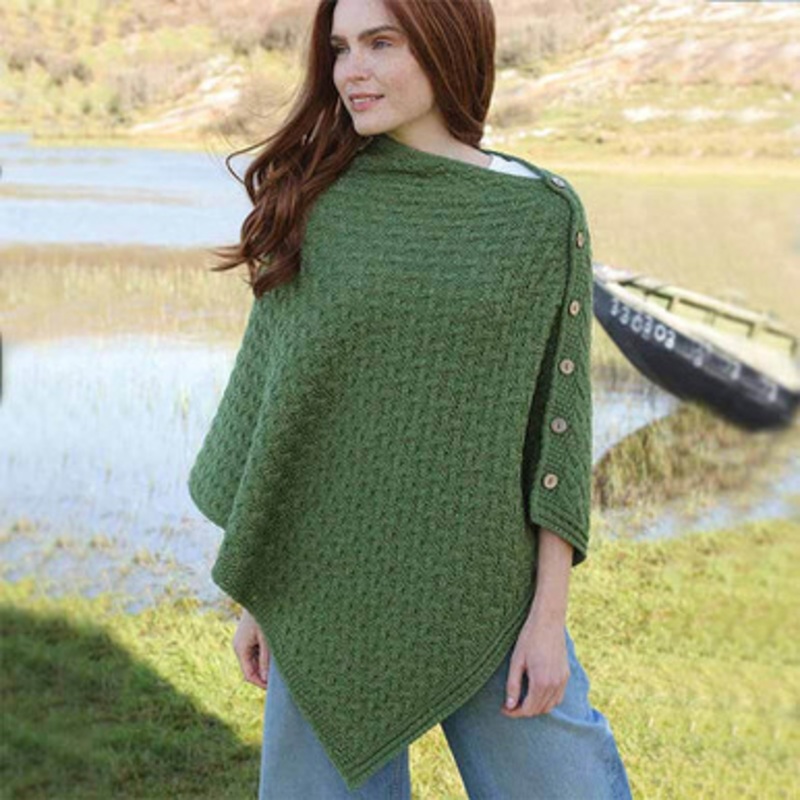 Traditional Buttoned Merino Wool Poncho for Women