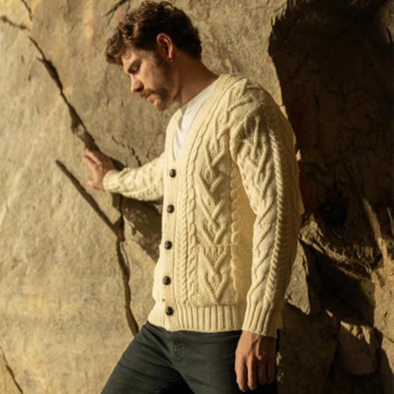 Men’s Merino Wool Irish Cable Knit V-Neck Cardigan